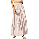 ANRABESS Women’s Boho Elastic High Waist Pleated A-Line Flowy Swing Asymmetric Tiered Maxi Long Skirt Dress with Pockets