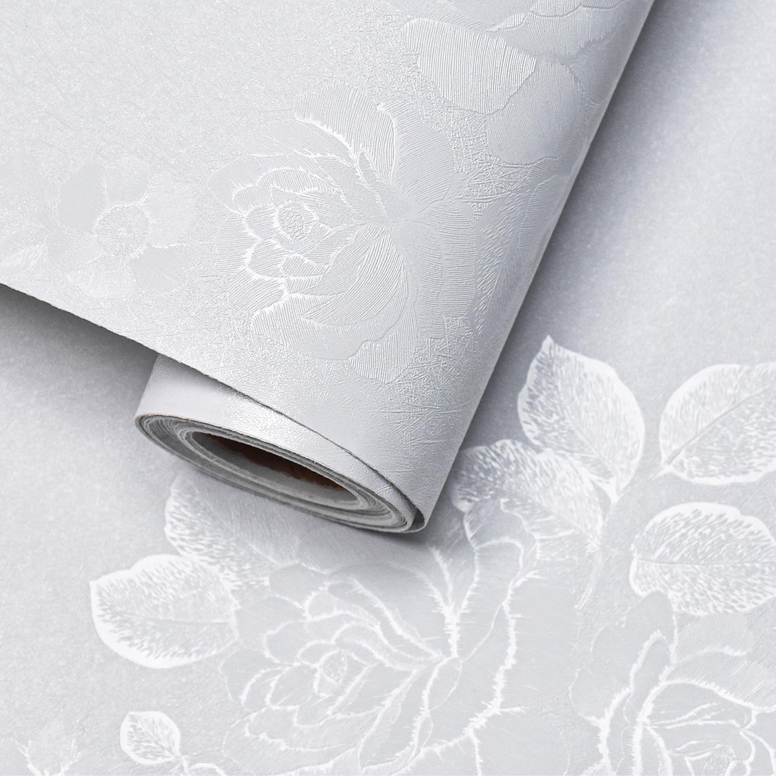 Photo 1 of Lativo White Wallpaper Silk Embossed Floral White Contact Paper for Cabinets Furniture 118inL 17.7inW Textured Thicken Self Adhesive Wallpaper for Bedroom Flower Solid Contact Paper Vinyl Shelf Liner