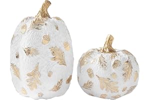 DN DECONATION 2 Pcs Fall Pumpkin Decor, Fake Resin Thanksgiving Autumn Pumpkin Table Decorations， White Pumpkins Figurines for Decorating Modern Farmhouse Home with Gold Feathers and Pinecones