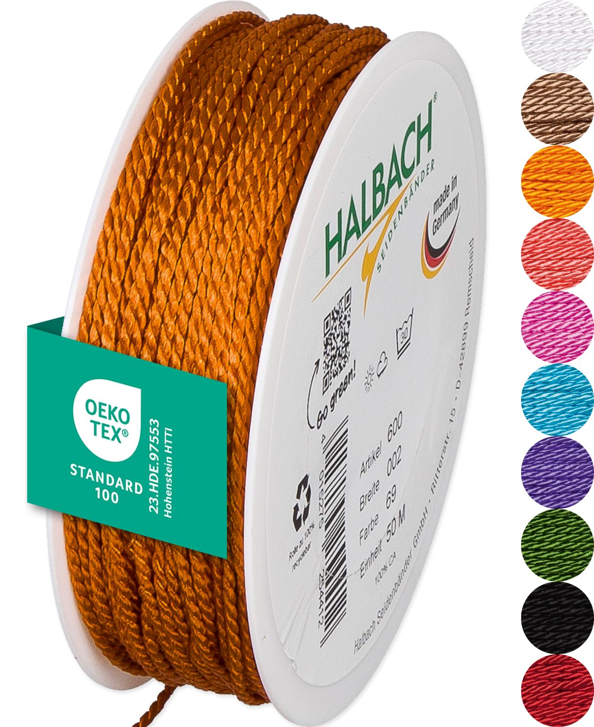 Halbach Seidenbänder Premium Cord (Dark Orange) | Width 2 mm Length 50 m | Made in Germany & Oeko-Tex Certified | Shiny Satin Cord Made of Acetate â image 1
