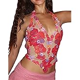 Womens Floral Sheer Halter Top Sleeveless Tie Backless Camisole Sexy See Through Flower Embroidered Tank Tops(Pink,Small)