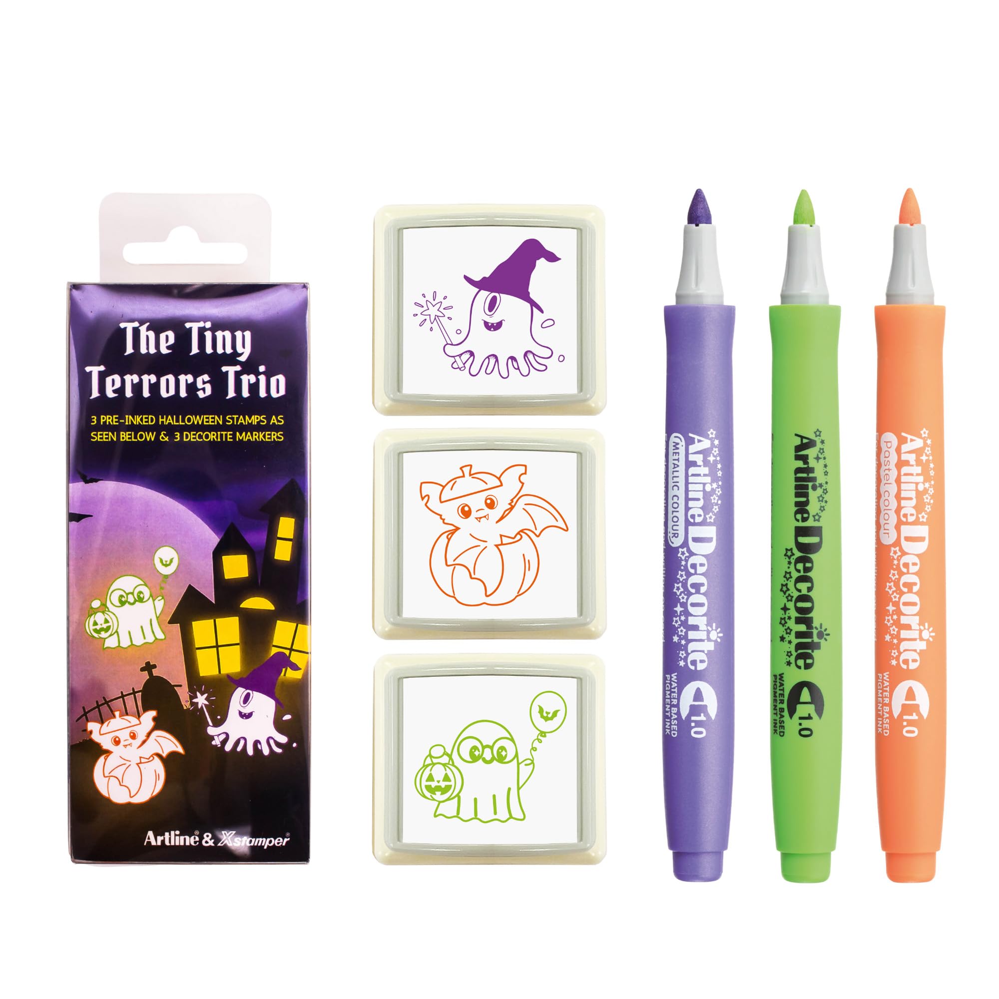 Artline Pre Inked Stamps and Decorite Pen Set (The Tiny Terrors Trio) 3X Halloween Ink Stamps and 3X Colouring Pens for Arts & Crafts, Journaling and Decoration - Genuine Artline Art Supplies