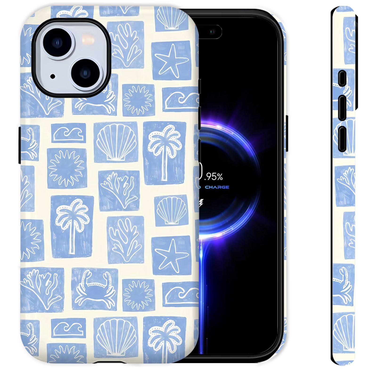 IDBAFOU for iPhone 15 Plus Case [Compatible with MagSafe] 2-Layer Hard Shell Glossy Rugge Shockproof Protection Phone Case, Seashell Coastal Stamps Ocean Summer Collage Blue