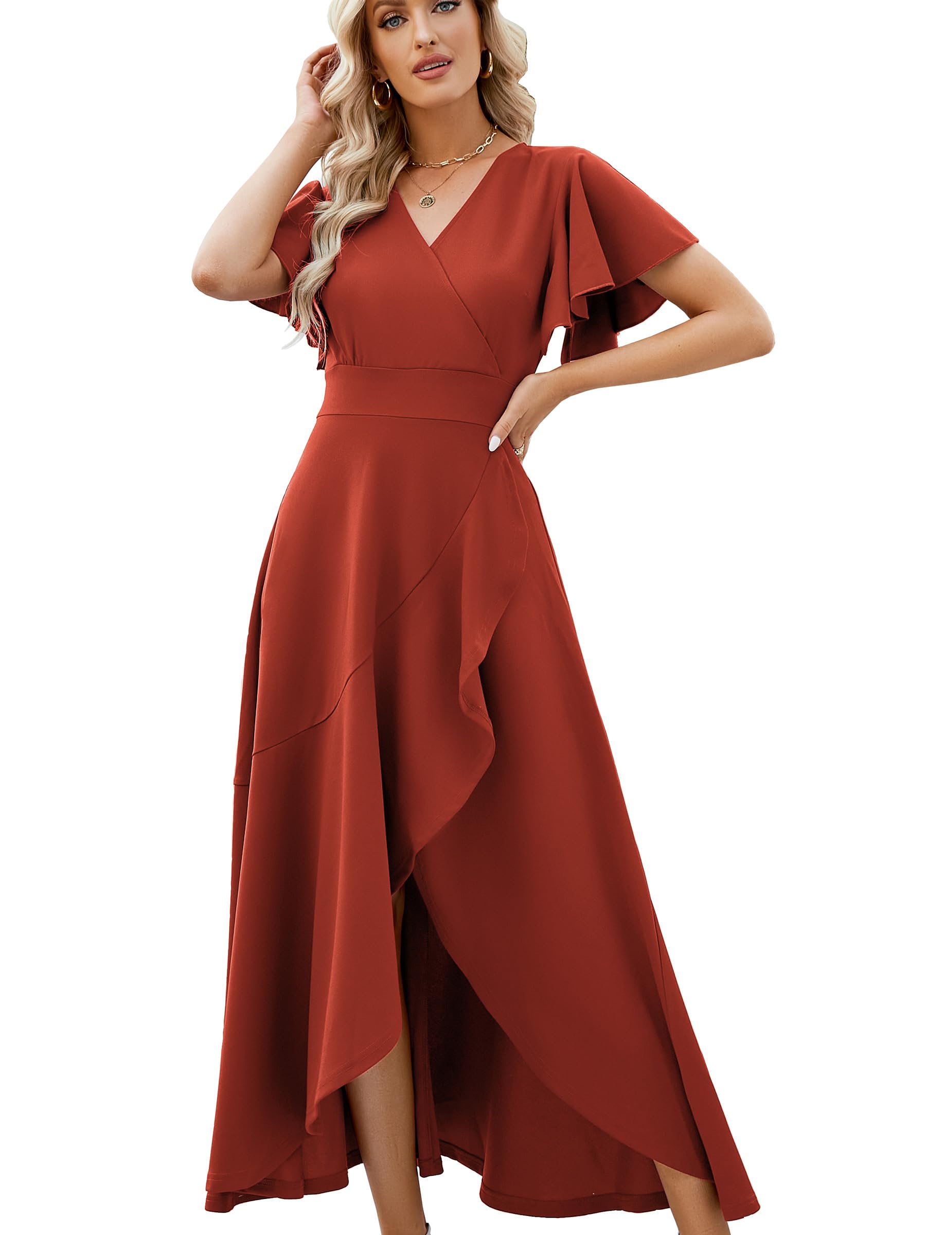 Photo 1 of Formal Dresses for Women,Gowns Evening Party Cocktail Dress,Long Split Elegant V Neck Wrap Ruffle Wedding Guest A-line Dresses Coral Orange-L