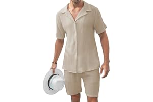 KUYIGO Men's 2 Pieces Beach Outfit Cotton Set Short Sleeve Button Down Shirts Beach Shorts Summer Casual Outfits