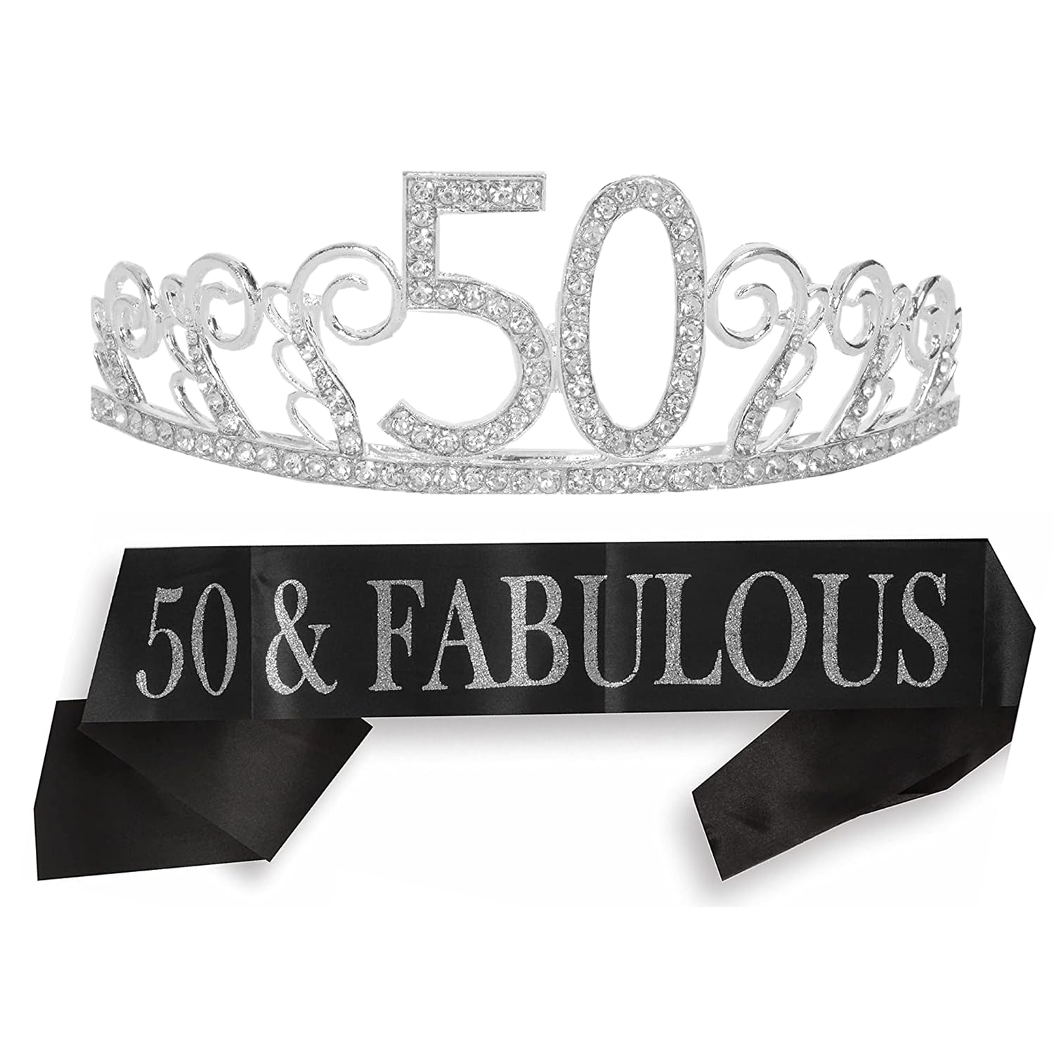 50th Birthday Tiara and Sash, Happy 50th Birthday Party Supplies, 50 & Fabulous Black Glitter Satin Sash and Crystal Tiara Birthday Crown for 50th Birthday Party Supplies and Decorations