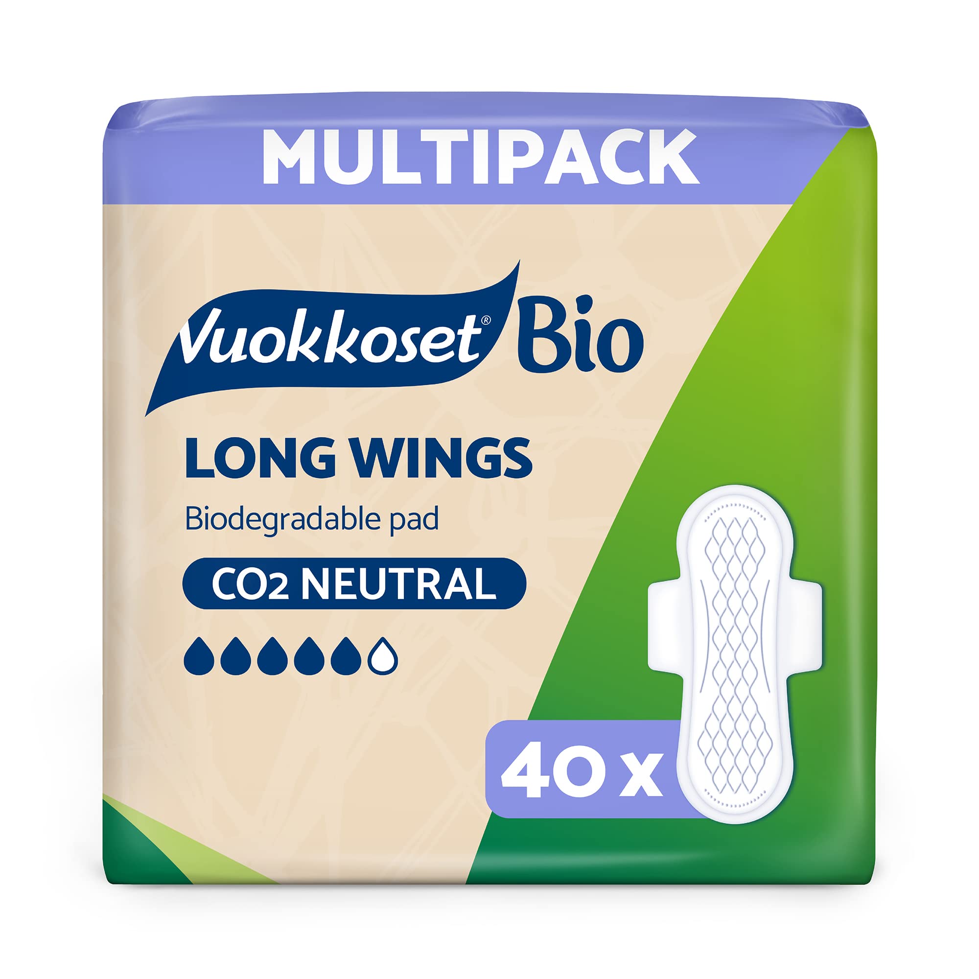 Vuokkoset Eco Long Wings - Biodegradable Thin 11.2 Inch Sanitary Towel Multipack 40 pcs for Sensitive Skin | Organic Cotton | Free of Dyes, Fragrances & Chlorine | Eco-Friendly, Absorbent Core |