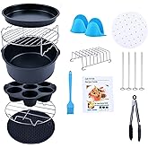 Air Fryer Accessories, Set of 12 Fit for 5.3Qt and Larger Air Fryer with Cake & Pizza Pan, Metal Holder, Skewer Rack & Skewers, etc, Nonstick Coating, Dishwasher Safe