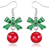 XIUQILAI Christmas Earrings for Women, Ribbon Bow Festive Red Green Ball Dangle Drop Earrings for Women Bowknot Fish Hook Dangling Hypoallergenic Christmas Festival Jewelry Gifts