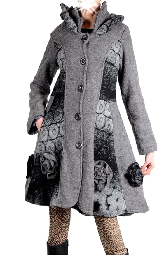 Damen Wolle Lagenlook Patchwork Wintermantel Mantel Swinger 38 40 42 44 46 48 S M L XL XXL Grau Übergang Winter