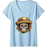 Womens Sugar Skull with Sombrero DE Los Muertos Mexico Day V-Neck T-Shirt