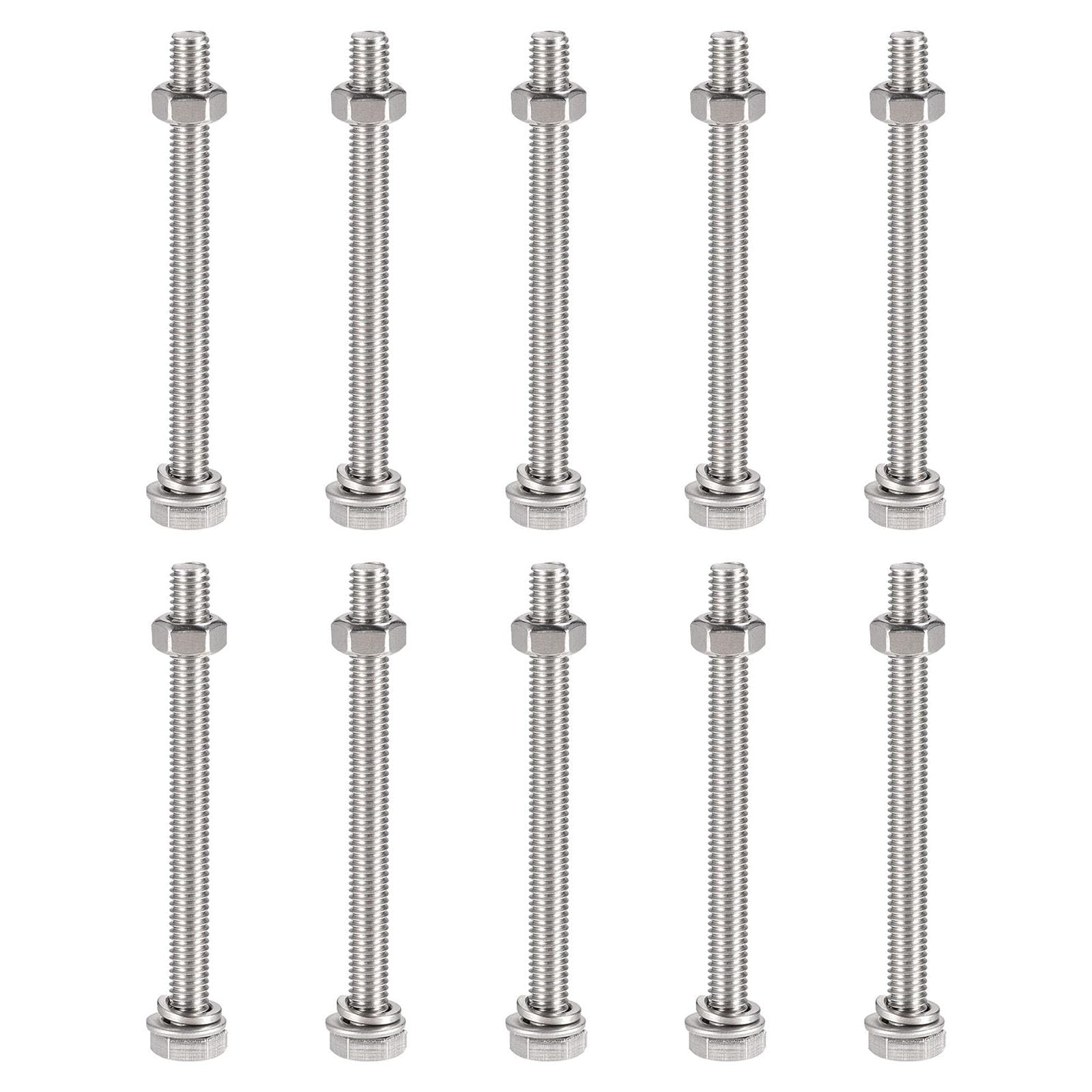 TOP-VIGOR 10Pcs M6 x 75mm Hex Head Screws Bolts, Nuts, Flat & Lock Washers Kits, 304 Stainless Steel Fully Thread Hexagon Bolts for DIY Bike Motorcycles Repair