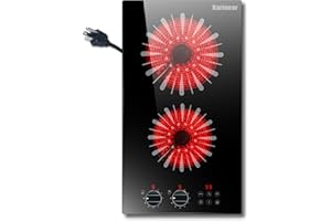 Karinear 110V Electric Cooktop 2 Burners, 12 Inch Electric Stove with Plug in, Countertop & Built-in Ceramic Stove Top, Knob and Sensor Touch Control, Multifunctional Radiant Stove(Black)
