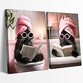 2pcs Black Cat Bathroom Wall Art Pink Funny Bathroom Canvas Prints Black Cat Sitting On Toilet Reading Newspaper Wall Decor Painting Cute Animal Toilet Posters Pictures Ready To Hang(8x10in Canvas)