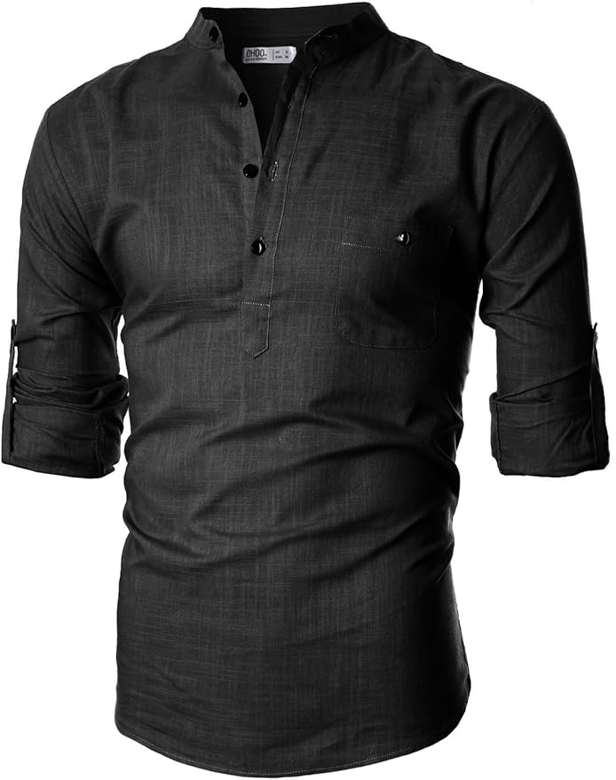 OHOO Mens Slim Fit Ultra Light Cotton Linen Blend Long Sleeve Popover