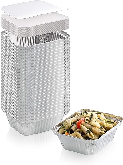 Zuvo Pack of 50 Aluminium Foil Food Containers with Lids 14.5x12.5x4.5cm