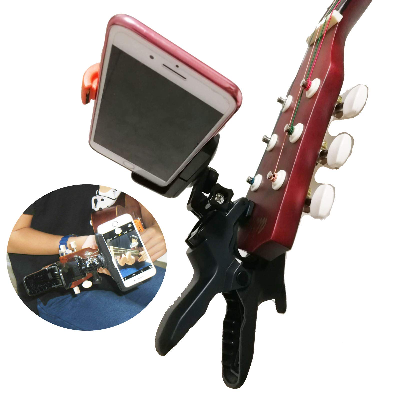 Universal Guitar Headstock Phone/Camera Clamp Clip Mount for All Smartphones and Gopro Action Cameras ~ Close Up Home Recording - Live Broadcast Bracket Clip - Work for Any Microphone Stands