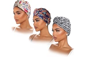 AWAYTR 3pcs Turbans for Women Pre-Tied Head Wraps Knot Beanie Cap Soft Cancer Headwear Hat Breathable African Headwrap