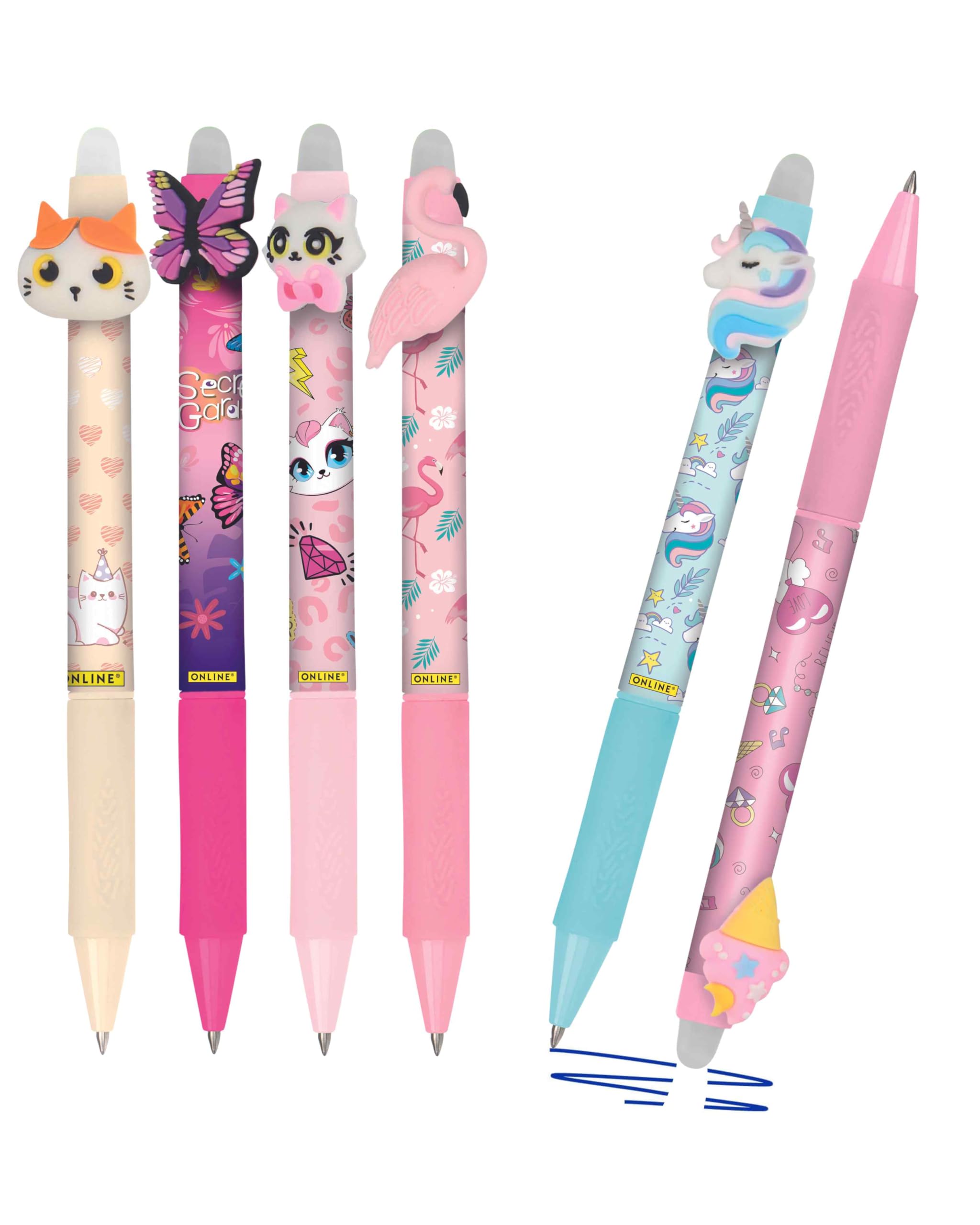 Online MagiXX, 6 x Fun Girls Erasable Gel Pens, Blue, 0.7 mm Line Width, Rollerball Pen for Learning to Write, Office, Compatible with Frixion Refill