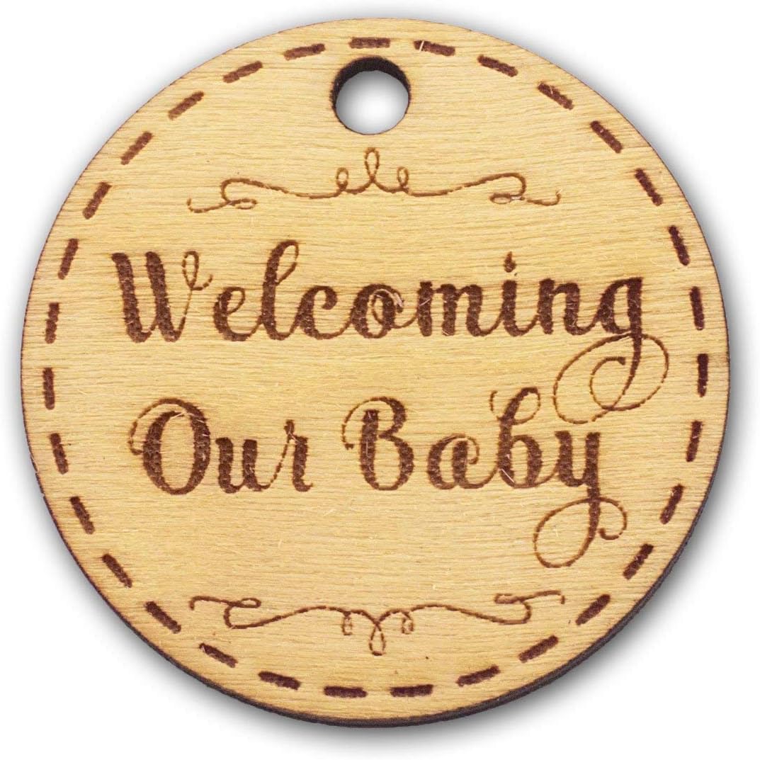 Summer-Ray 50 Wooden Round Welcoming Our Baby Engraved Favour Tags Baby Shower Party