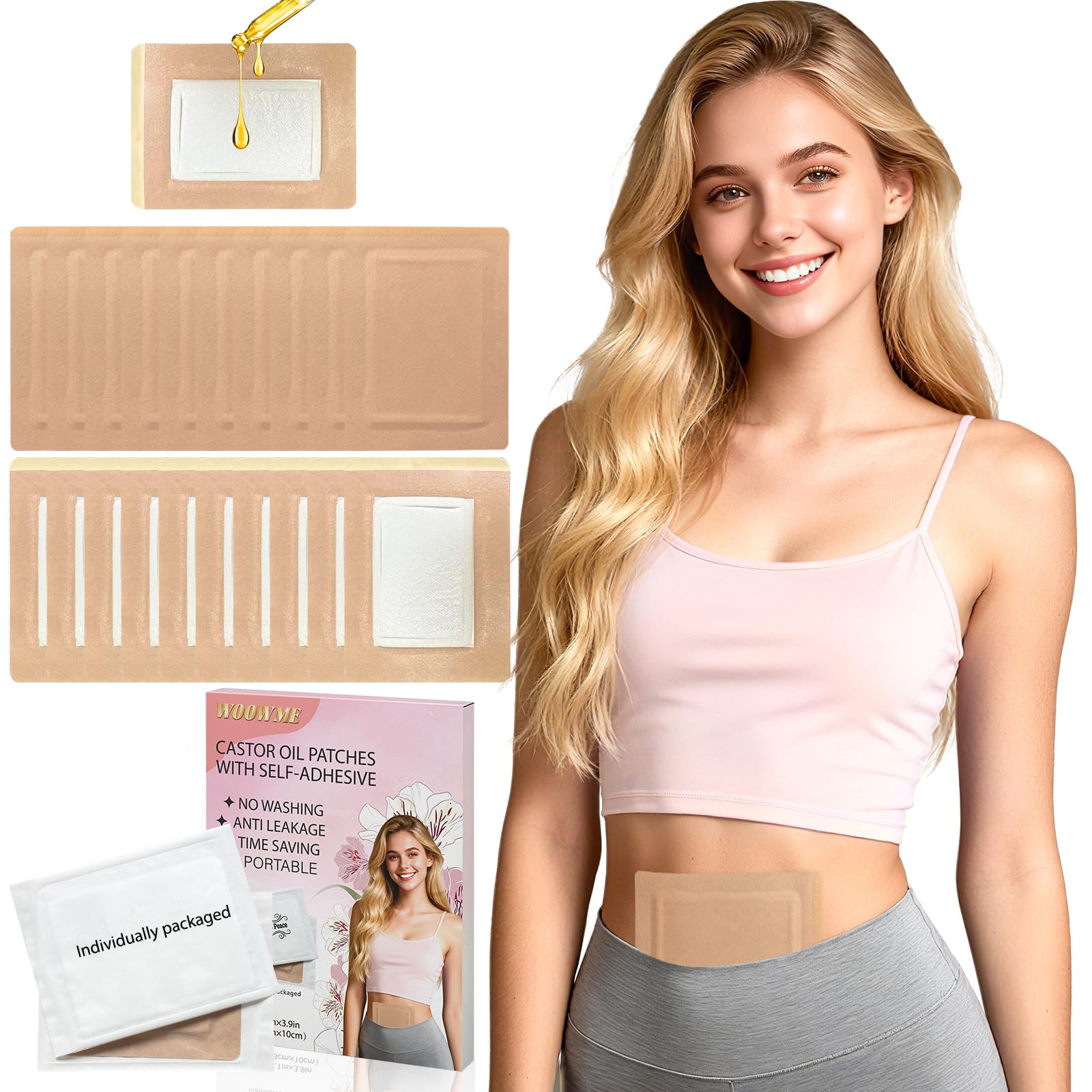 Photo 1 of 20pcs Castor Oil Patches, Disposable Individually Packaged Castor Oil Pack Wrap with Anti Leakage Cotton Pad for Belly/Feet/Knee (Oils Not Included), 5.1" x 3.9"