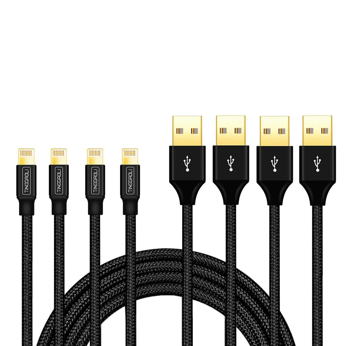 Lightning Cable 4PACK 6FT iPhone Cable Nylon Braided Lightning Connector to Data Syncing Cord and Fast Charging Cable Compatible with iPhone 7/7plus/6plus/6s/6s+/5/5s/SE, iPad (Black) by TINGGAOLI