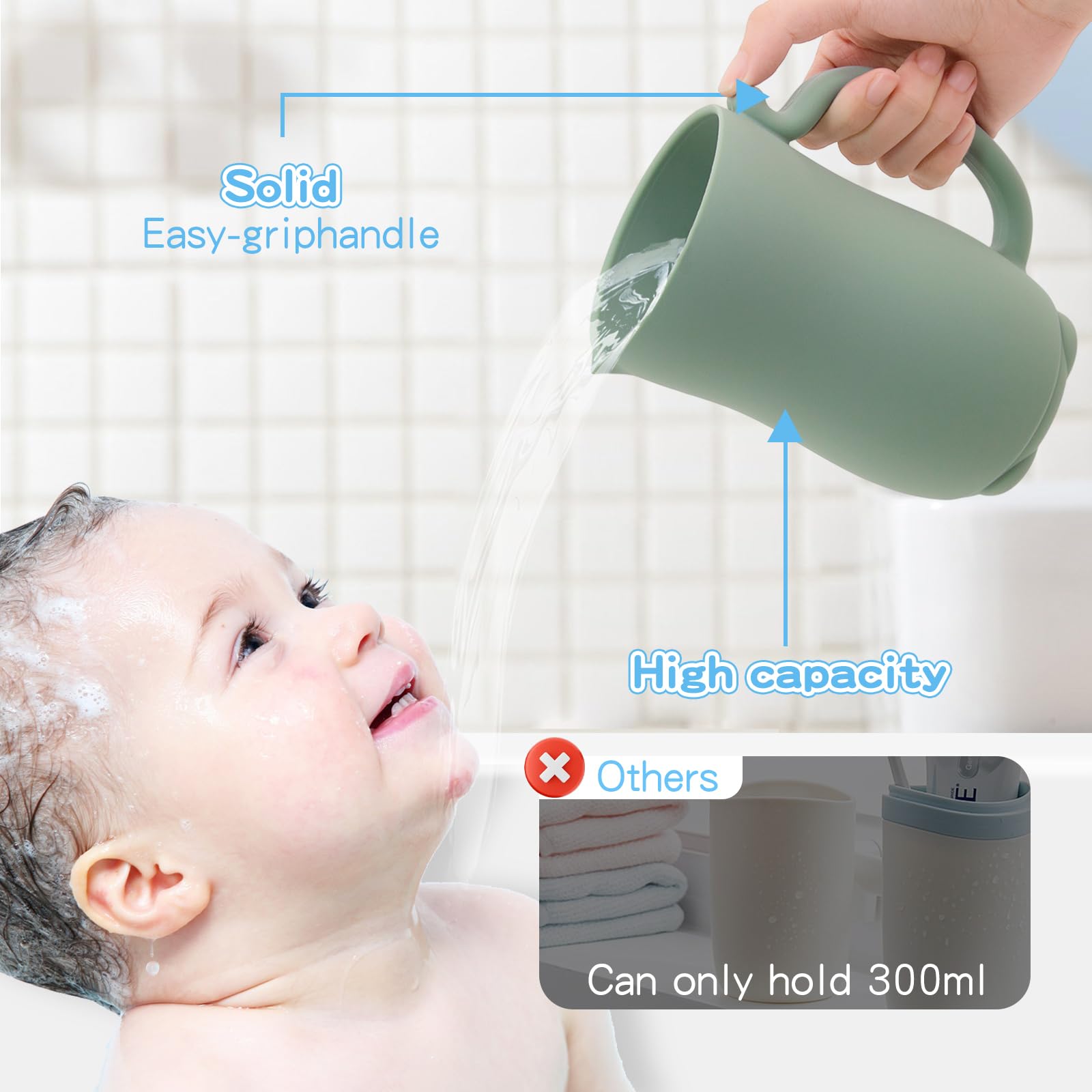 mandoo Baby Bath Rinse Cup - Food Grade Silicone - Shampoo & Body Washing Rinser Cup for Kids with Easy Grip Handle to Rinse Baby Shampoo and Soap - Baby Essentials (Light Green)