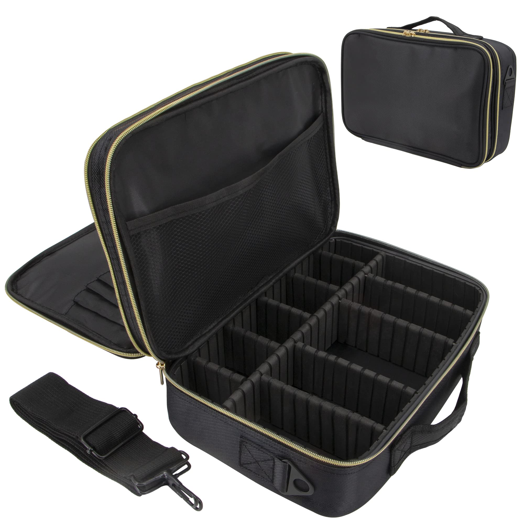 Time to Sparkle 35 * 24 * 12cm Travel Makeup Bag Cosmetic Bag Makeup Organizer Bag Travel Train Case Portable Cosmetic Artist Storage Bag with Adjustable Baffle for Makeup Brush Jewelry Black