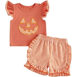 RSRZRCJ Halloween Outfit Toddler Baby Girl Pumpkin Face Ruffle Sleeveless Shirt Tank Top+ Plaid Shorts Set