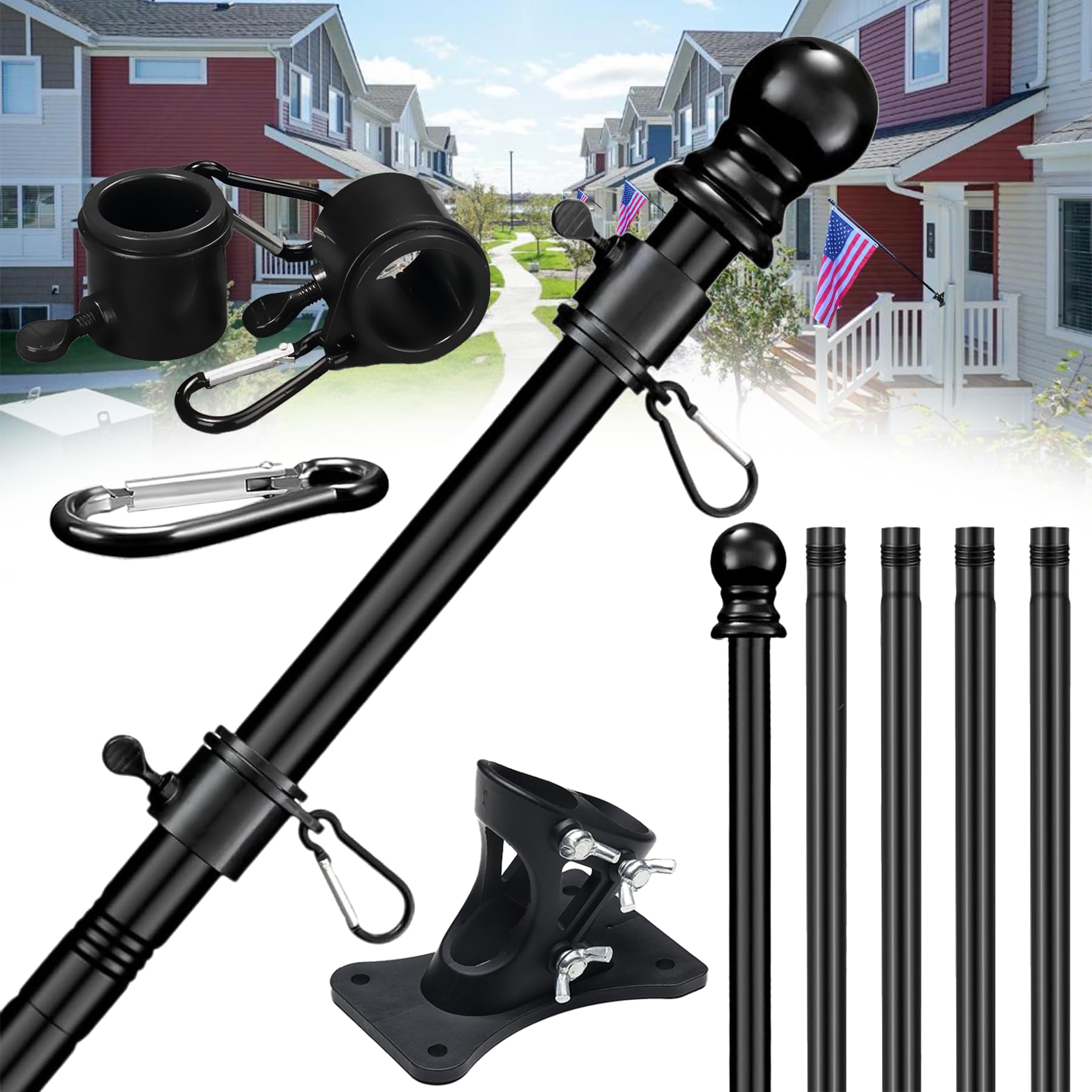 Photo 1 of Flag Pole for Outside House-1.1 Inch Dia Heavy Duty 6FT Flagpole Kit, Upgraded Nylon Holder with Rustproof & Wind Resistant,Tangle Free Rings for 4x6 Flags, Outdoor Wall Mount for Porch,Yard,Black