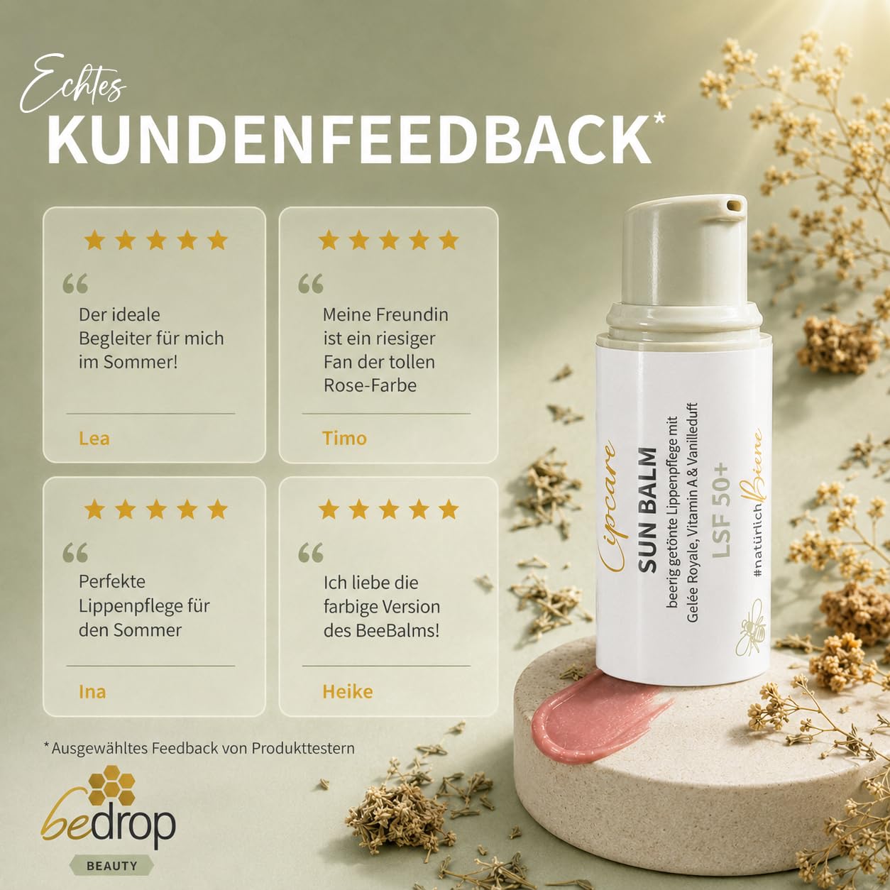 bedrop Sun Balm LSF 50+ | getönte Lippenpflege mit Gelée Royale, Manuka & zartem Vanilleduft - Sonnenschutz mit SPF gegen Sonnenschäden 8