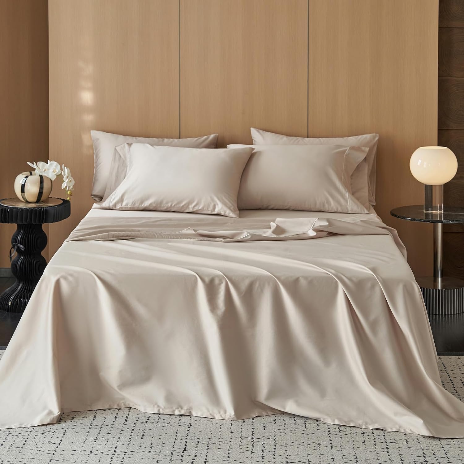 Photo 1 of MooMee King Size Sheets Set, 100% Extra Long Staple Cotton 600TC Sateen Weave Cooling Breathable Silky Soft Luxury Hotel Quality Bed Sheets with 17" Deep Pocket - 4 Piece (Light Beige, King)