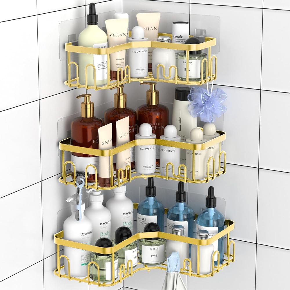Menbyci 3 Pack Corner Shower Caddy Adhesive Stainless Gold 18 Hooks