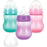 Nuby Non-Drip Wide Neck Vari-Flow Bottles - 8 oz - 3 Pack | Soft Silicone Nipples - BPA Free - 0+ Months - Aqua/Pink/Purple
