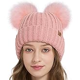 Creekstone Double Pom Pom Beanie Winter Hats for Women Girls, Warm Fleece Lined Beanie, Thick Knit Hat Faux Fur Bobble Hat