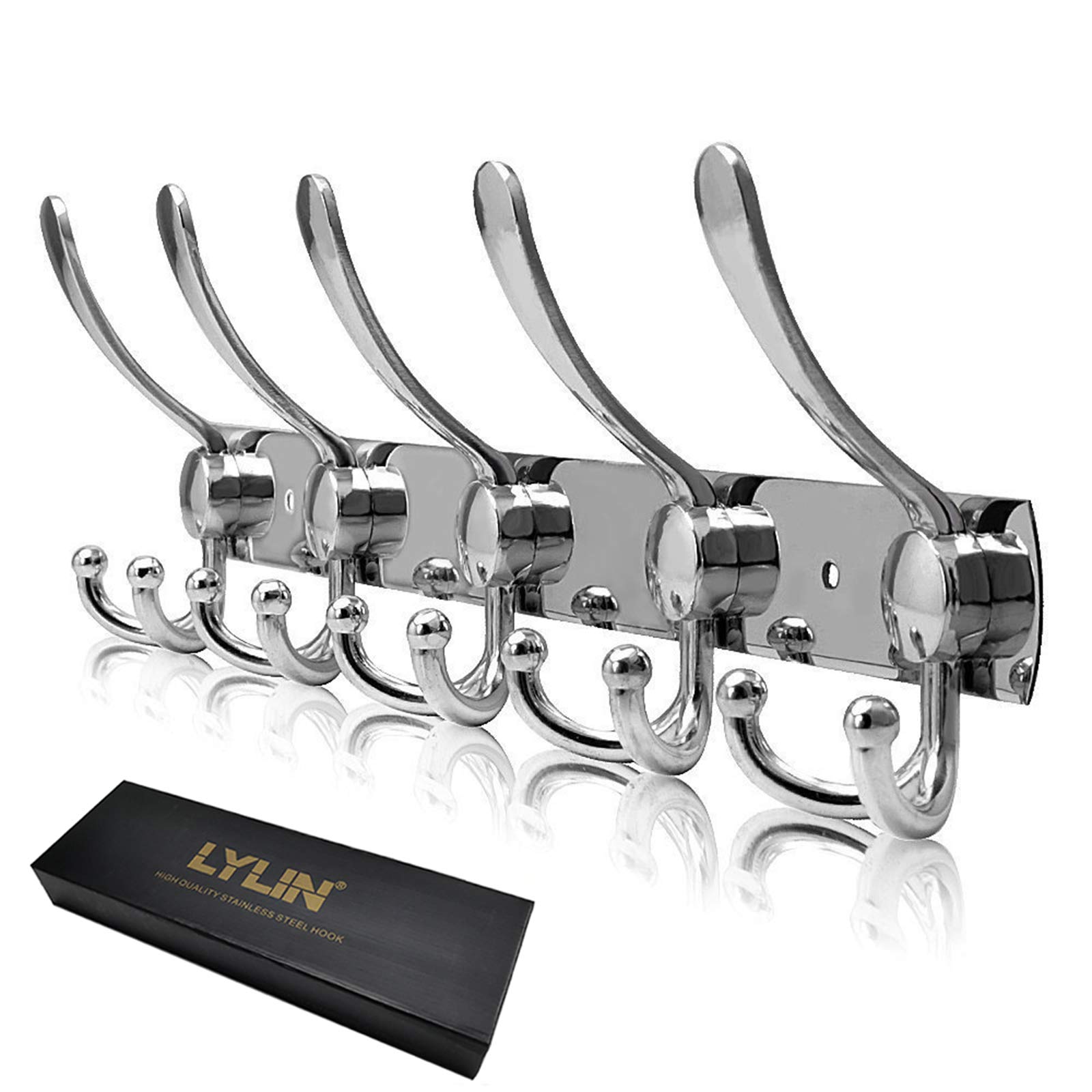 LYLIN Clothes Hook Rack, Coat Hook, Stainless Steel Towel Hook, Wall Hook, Vintage Jacket Holder, Wall for Kitchen, Bathroom, Bedroom (Silver, 15 Hooks, 1 Piece)