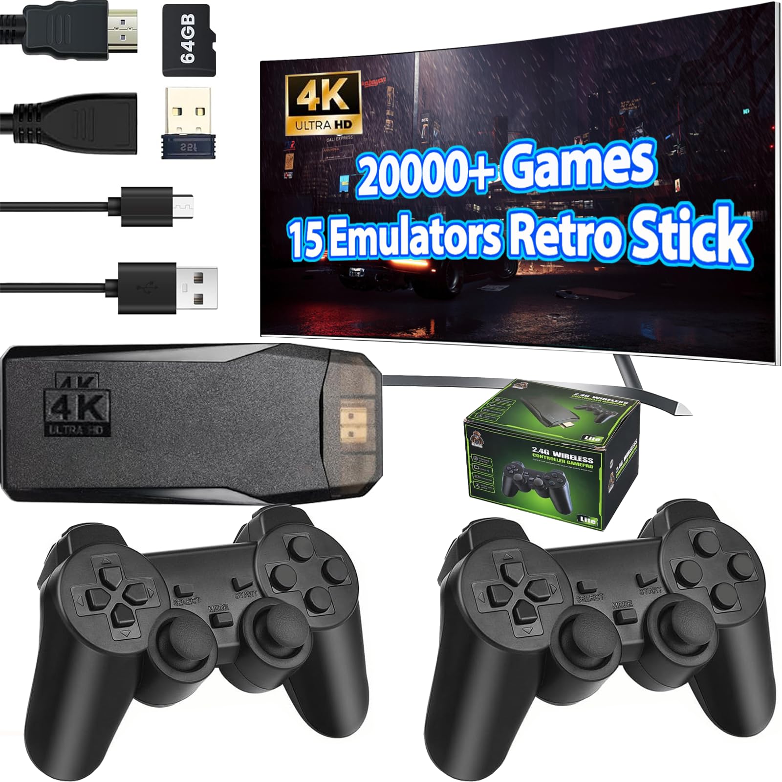 Photo 1 of Wireless Retro Game Console Stick Built-in 20000+ Classic Games, 4K HDMI Output Nostalgia Plug & Play Retro Video Gaming Stick with 15 Emulators and Dual 2.4G Wireless Controller?64GB Memory Card?