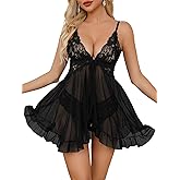 Vicarly Sexy Open Front Floral Lace Mesh Sheer Babydoll Lingerie Dress Set with Thong 2 Piece