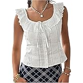 SOLY HUX Women's Summer Button Down Shirts Ruffle Eyelet Embroidery Scoop Neck Sleeveless Cute Blouse Tops