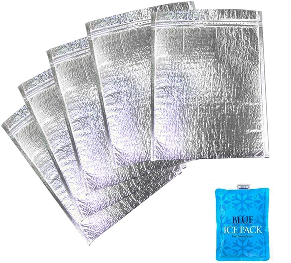 Insulated Easy Zip Lock Resealable Aluminum Sandwich Bag with ice pack - Reusable Thermal Snack Bento Camping Picnic Hot & Cold Pouch (Sliver, 5)