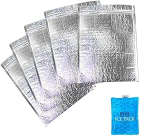 Insulated Easy Zip Lock Resealable Aluminum Sandwich Bag with ice pack - Reusable Thermal Snack Bento Camping Picnic Hot & Cold Pouch (Sliver, 5)