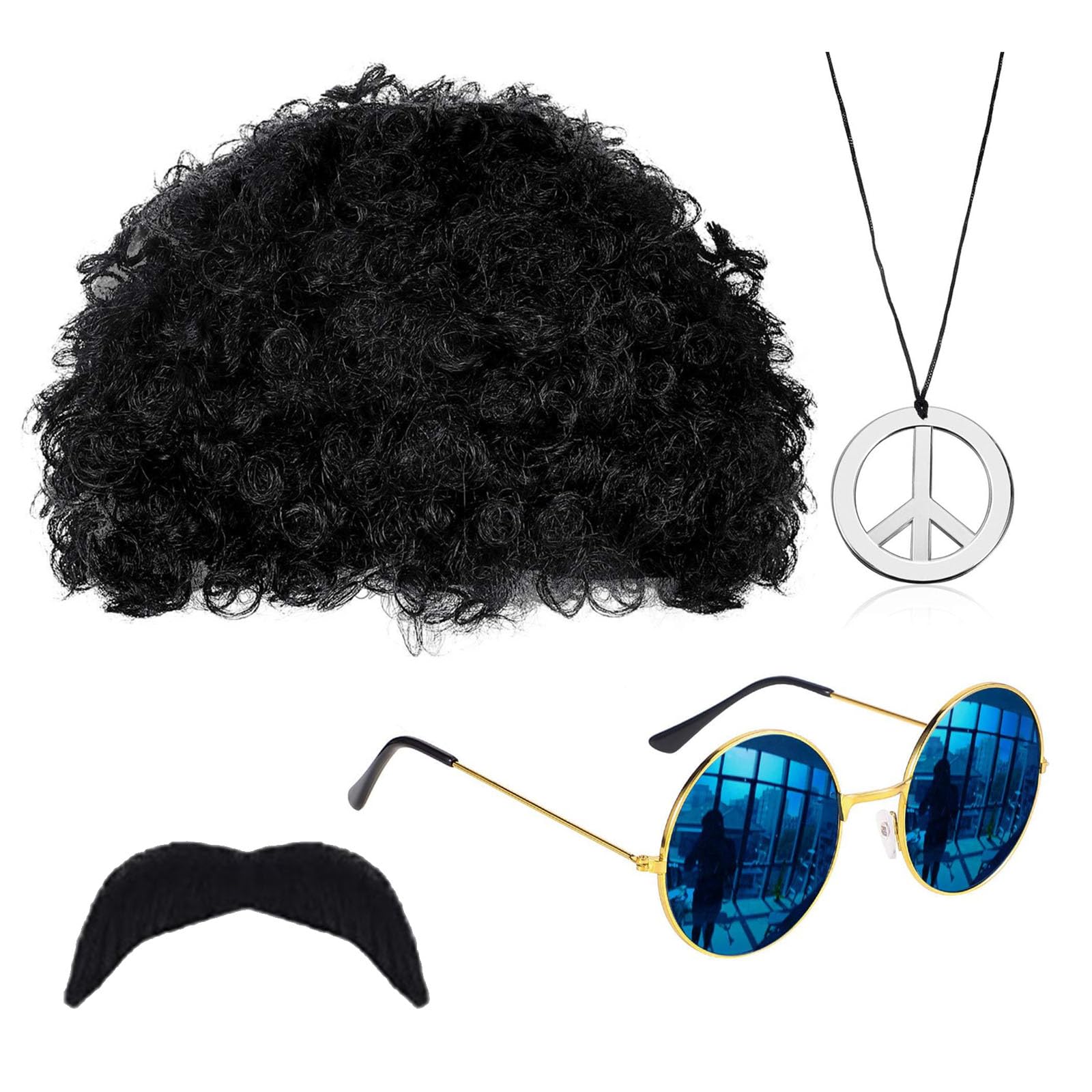 SSKHE 4 Pcs Hippie Costume Set, Funky Afro Wig, Sunglasses, Moustache and Peace Sign Necklace, Disco Hippie Costume 70s/ 80s Hippy Fancy Dress Accessories for Men and Women