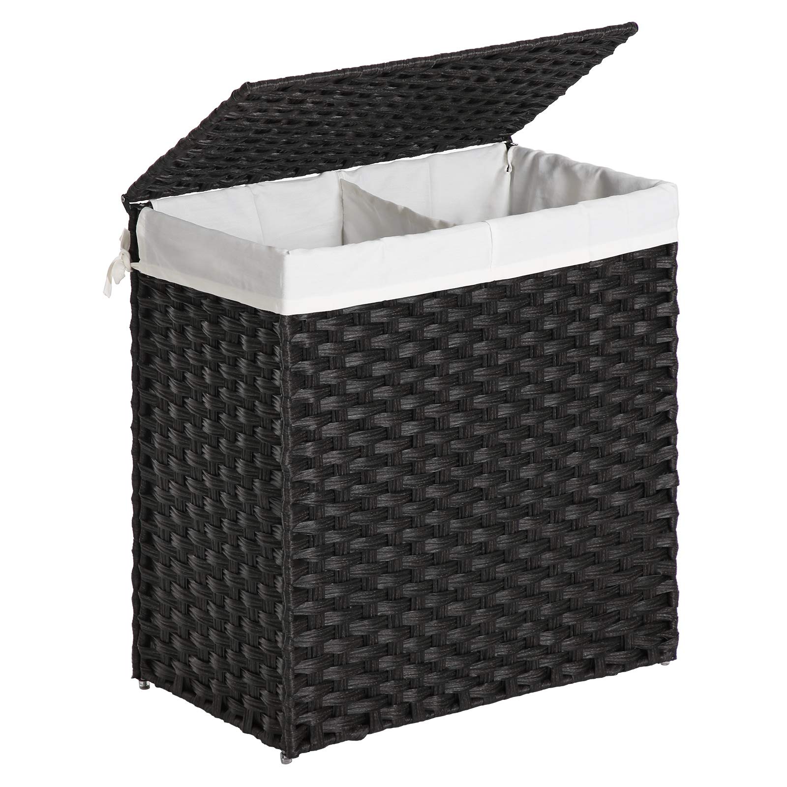 SONGMICS Divided Laundry hamper, 29 Gal (110L) Synthetic Rattan Handwoven Laundry Basket with Lid and Handles, Foldable, Removable Liner Bag, Black ULCB52BK
