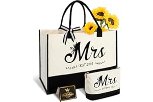 Mrs 2026 Bride Canvas Tote Bag with Makeup Bag, Wedding Gifts for Bridal Shower Bachelorette Party Engagement Honeymoon, Miss