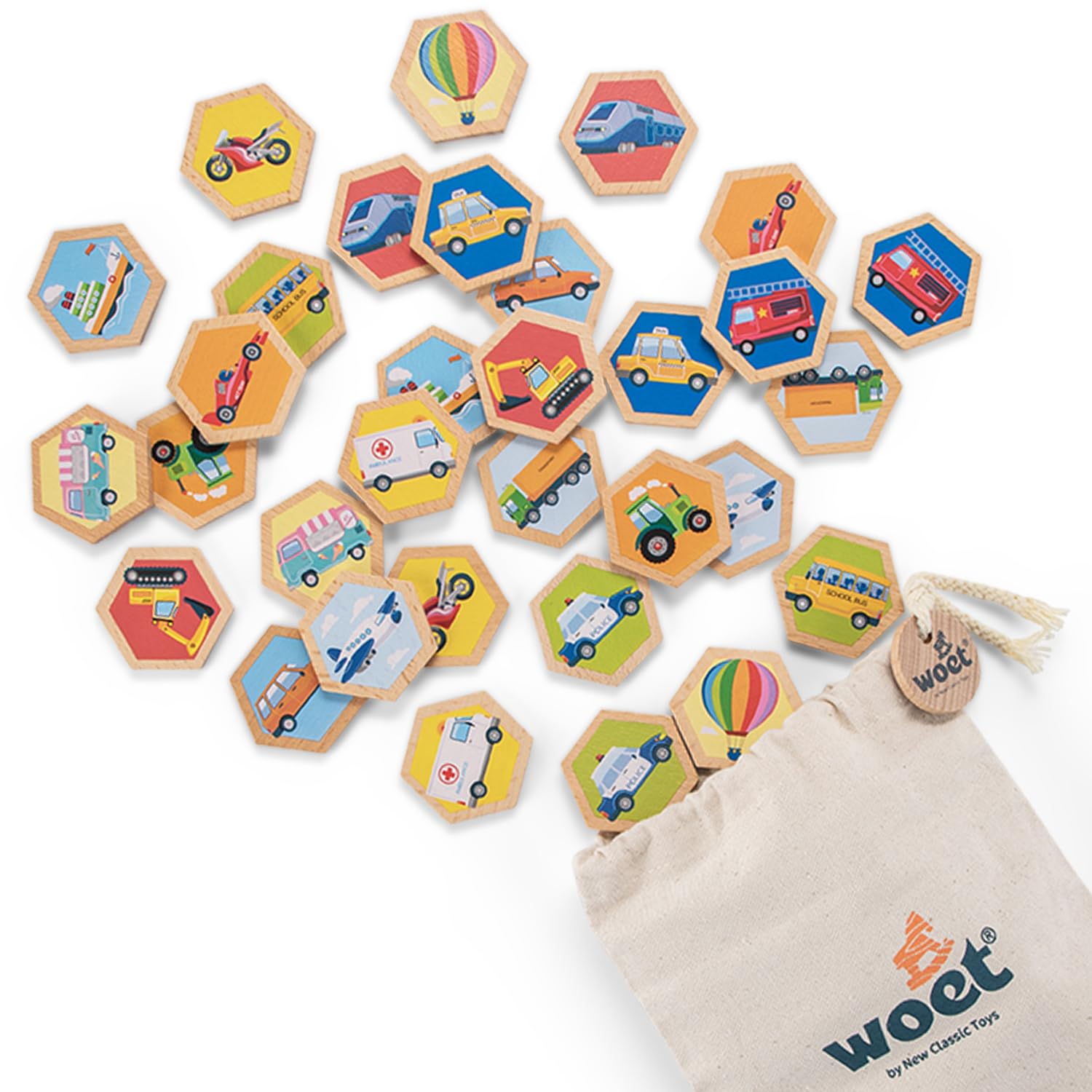 Woet® Wooden Toy Memory Game Vehicles for Kids - Matching and Concentration Game - Preschool Learning Toy - Age 3 Years+