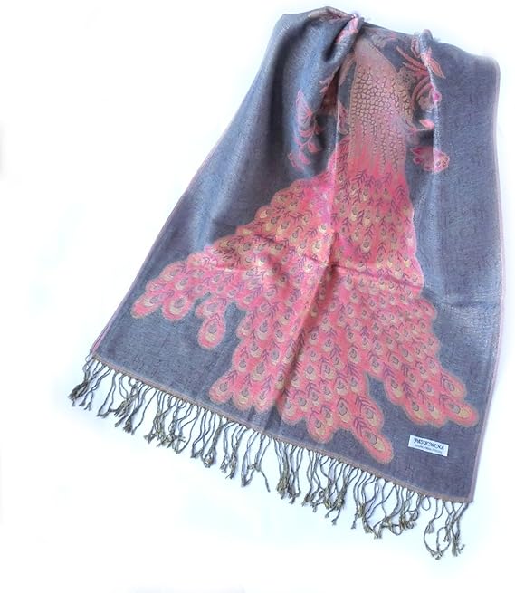 Amazon パシュミナストール 金糸入り 孔雀模様 フリンジあり グレー ベース色 サーモン 孔雀部分 豪華な織り柄 服 ファッション小物 通販