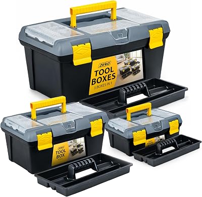 ZENO 3 Piece Plastic Toolbox Organiser Set 10 13 16 Inch Storage