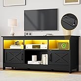 DWVO Farmhouse TV Stand for 65 Inch TV, Black Entertainment Center with LED Lights & Power Outlet, TV Media Console with Storage for Living Room, Black