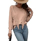 chouyatou Women's Casual Crewneck Fringe Tassel Knitted Pullover Sweater Jumper Tops