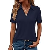 ZHENWEI Women's Short Sleeve V-Neck Polo Shirts Business Casual Work Collared Tops Dressy Johnny Collar Cute Blouses